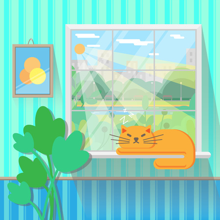 Interior vector. Wall and window. Cat sleeping on the window. Home sweet homeのイラスト素材