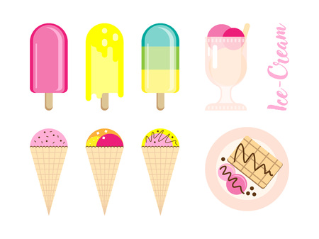 Ice-Cream set vector. ice pop, waffle cone, dessert with ice-cream. Isolated flat illustrationのイラスト素材