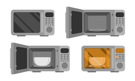 Microwave oven. Vector set illustration. Power off, open, with dish, power on. An automatic appliances used for cookingのイラスト素材