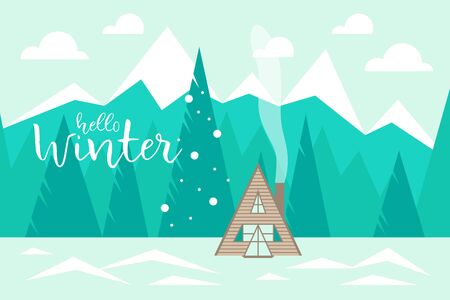 Hello winter Winter landscape with mountains, forest and wooden house. Vector illustration