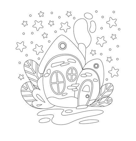 Fairytale house. Winter illustration with a house. Vector. Silhouette linear image for kids coloring.のイラスト素材