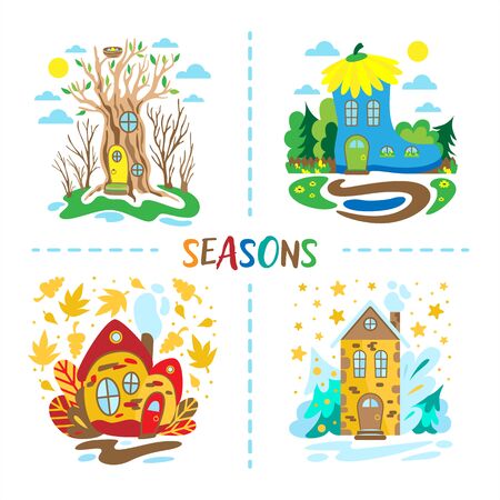 Four seasons illustration. Fairytale houses from spring, summer, autumn and winter. Educational illustration for little children. Doodle styleのイラスト素材