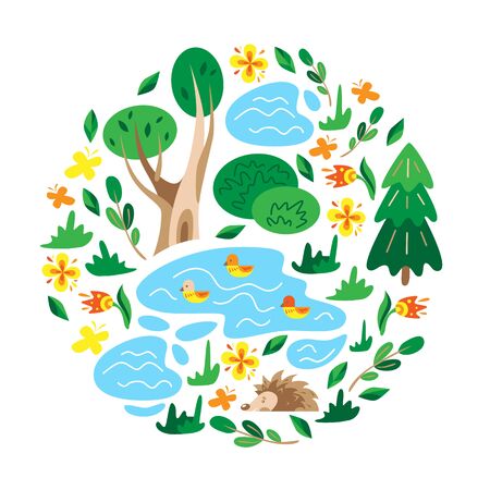 Wild animals in the forest. Summer Children's illustration. Vector. Doodle styleのイラスト素材