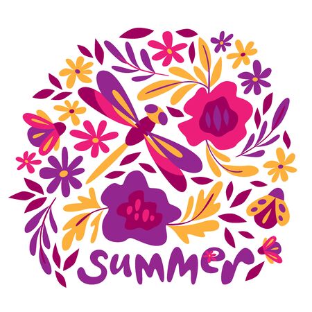 Summer floral print. Flower and insects. Doodle style. Print for textiles, childrens notebooks, bags, pillowsのイラスト素材