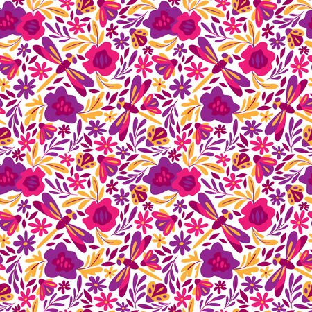 Summer seamless pattern. Floral print for textiles. Flowers and insects. Doodle styleのイラスト素材