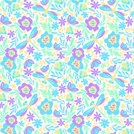 Summer seamless pattern. Floral print for textiles. Flowers and insects. Doodle styleのイラスト素材