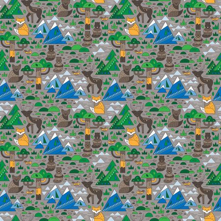 Wildlife seamless pattern against the forest and mountainsのイラスト素材
