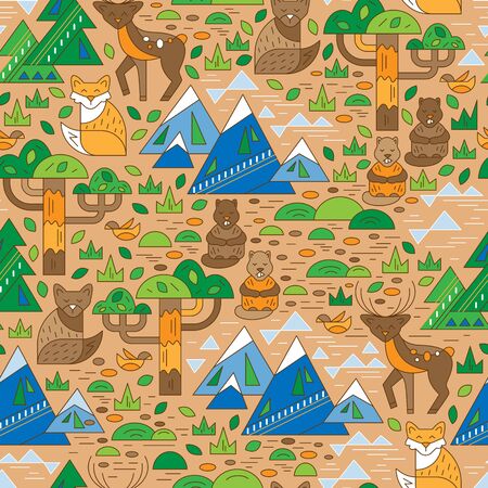 Wildlife seamless pattern against the forest and mountainsのイラスト素材