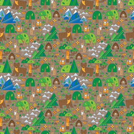 Wildlife seamless pattern against the forest and mountainsのイラスト素材