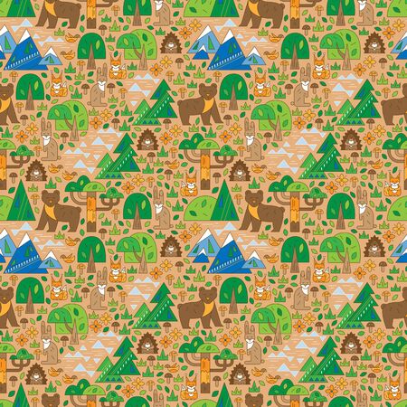 Wildlife seamless pattern against the forest and mountainsのイラスト素材