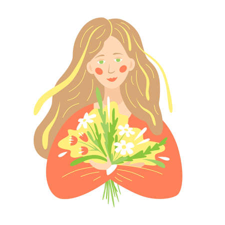 Beautiful girl with blond hair and a bouquet of flowers. Vector illustration. Summer girlのイラスト素材