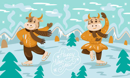The bull and the cow are skating. Winter. Year of the bull 2021. Postcard for New Years holidays. Happy New Year.のイラスト素材