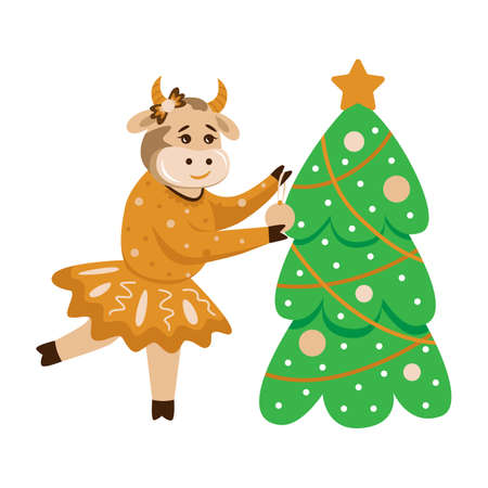 The cow is decorating the Christmas tree. Christmas illustration. Years of the bull. Element for card, banner, mailingのイラスト素材