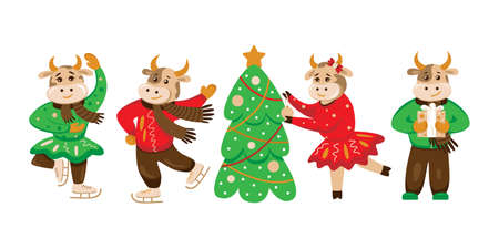 Bulls and cows. New Year characters. Year of the bull 2021. Happy New Yearのイラスト素材