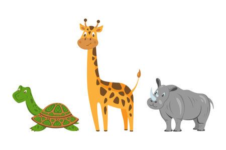 Set 2 of cute animals collection: turtle, giraffe, rhino. African animals