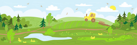 Agriculture. The tractor plows the land. Rural landscape with hills, forest, field and pond. Background for website, banner, advertising. Hand drawn illustration. Natural backgroundのイラスト素材