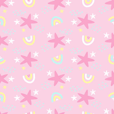 Cartoon background for baby. Doodle childish seamless pattern for stars and rainbows on pink background. Print for kid's textiles, wallpaper, wrapping paperのイラスト素材