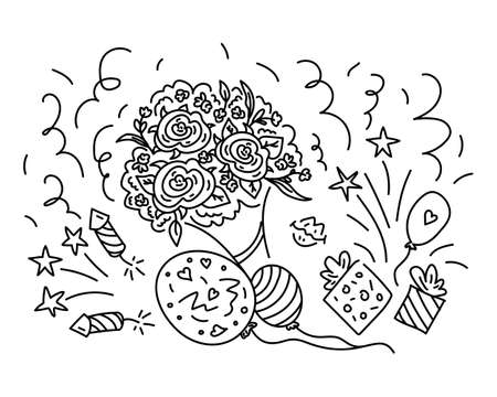 Set of Happy birthday's elements. Balloons, gift box, flowers, fireworks, kiss, confetti. Graphic element for greeting card. Invitation card designのイラスト素材