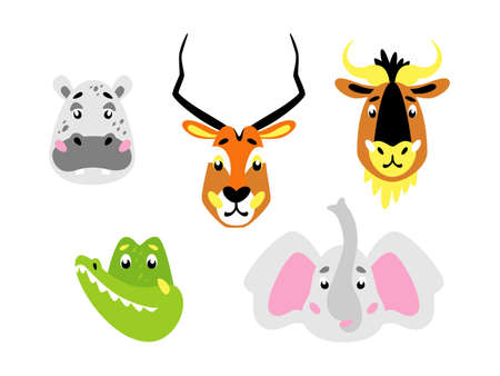 Animal heads. Wildlife animals: hippo, antelope, wildebeest, elephant, crocodile. Childrens cartoon illustrationのイラスト素材