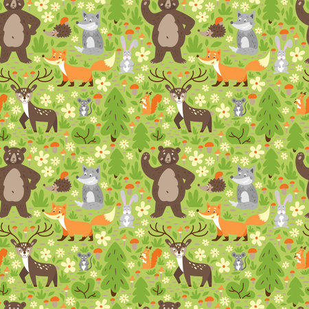 Forest animals. Seamless pattern with fox, deer, bear, squirrel, mouse, hedgehog, wolf on green...