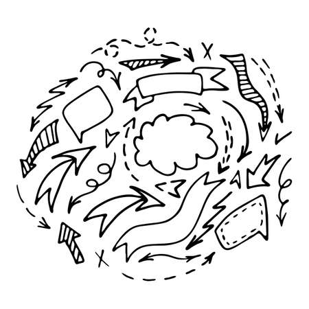 Hand drawn arrow and speech bubble. Set of vector decorative elementsのイラスト素材