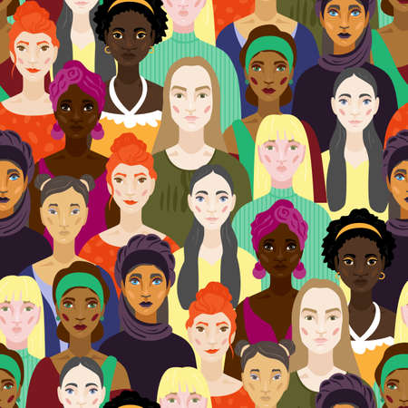 Women seamless patern. Vector illustration with women of different nationalities. Female multiracial facesのイラスト素材