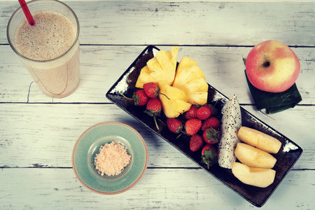 fruit snacks and juice on the tableの写真素材