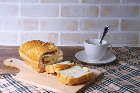 Bread stuffing with pork on vintage backgroundの写真素材