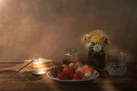 vintage picture of foods on the wooden table and old style backgroundの写真素材