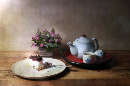 Picture of Teatime set in vintage style of artの写真素材