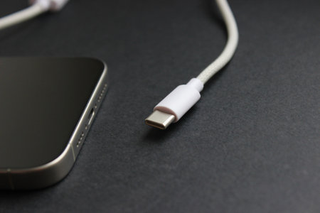USB-C cable near smartphone ready to connectの写真素材