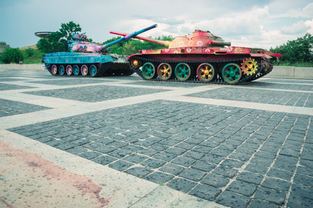 Tanks painted with flowers in Kyiv, Ukraine