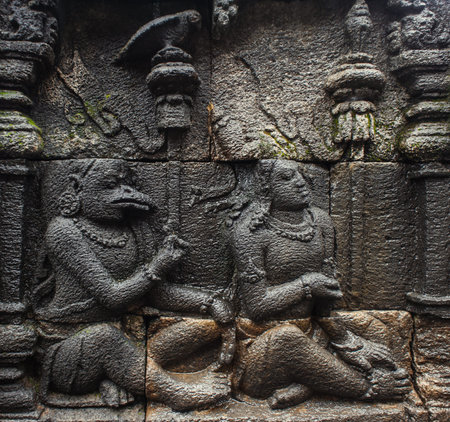 bas-relief in ancient buddhist temple Borobudur on 20 december, 2013 in Magelang. Borobudur is the...