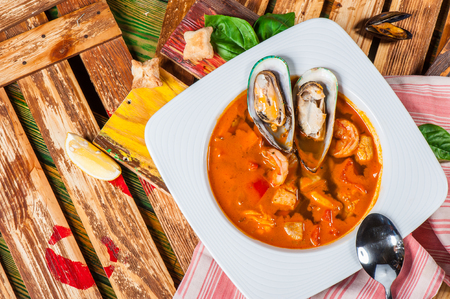 Spanish tomato soup with shellfish, shrimps and other seafoodの写真素材