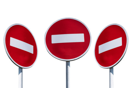 Set of 3 three traffic signs No entry straight, left, right. Brick sign isolated on white backgroundの写真素材
