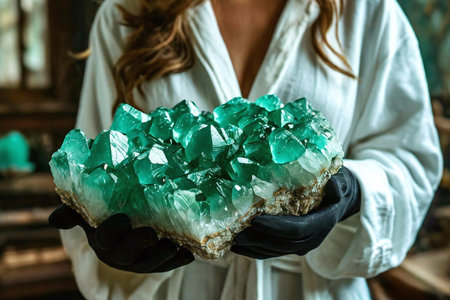 A woman in a white coat and black rubber gloves holding a large huge uncut precious crystal stone emerald close-upの素材
