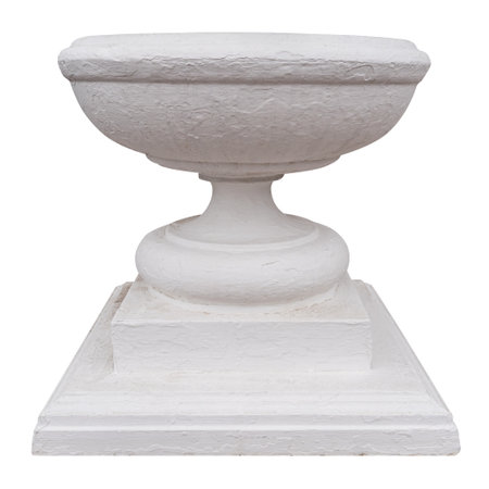 Large garden round white stone concrete flower vase closeup isolated on white backgroundの写真素材