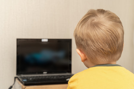 Little boy 3 years old is watching a cartoon on a laptop screen via the Internet.の写真素材