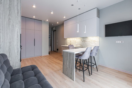 A living room with a sofa, TV and cabinets, together with a modern kitchen, are located in a small...