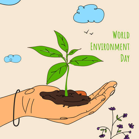 Illustration of hand holding young plant - world environment day conceptのイラスト素材