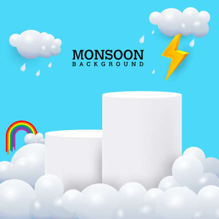 Monsoon theme product display podium. surrounded with clouds, rainbow and raining drops on blue sky background.のイラスト素材