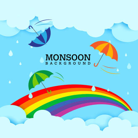 Monsoon sale background with umbrellas flying around and rainbow  - Vector illustrationのイラスト素材