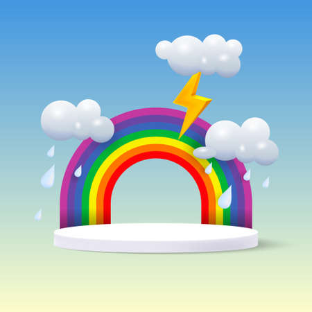 Monsoon theme product display podium. surrounded with clouds, rainbow and raining drops on blue sky background.