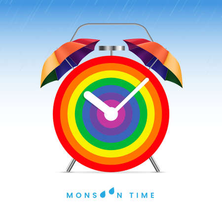 Monsoon time - illusion of alarm clock with rain bow and umbrellaのイラスト素材