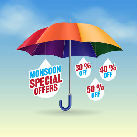 Monsoon special offers hanging from umbrella with sky backgroundのイラスト素材
