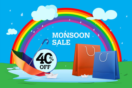 Happy monsoon season background. rainbow, umbrella clouds, thunder, paper boat and rain shoesのイラスト素材