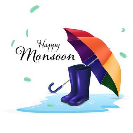 Monsoon concept Rubber rain shoes  and umbrella on puddle after rain. Vector illustrations.のイラスト素材