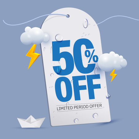 monsoon offer tag 50 percent off written on price tag surrounded with monsoon elements