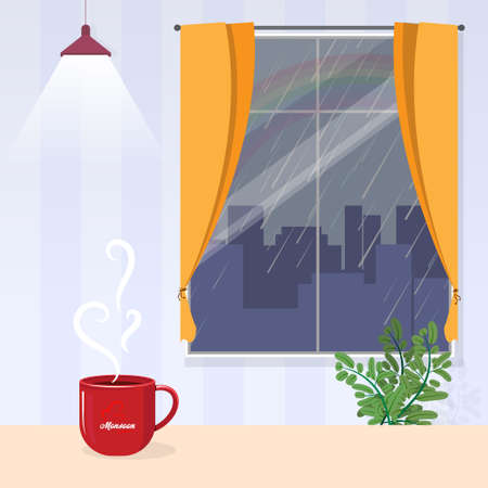 outside raining view from glass window, monsoon season background.のイラスト素材