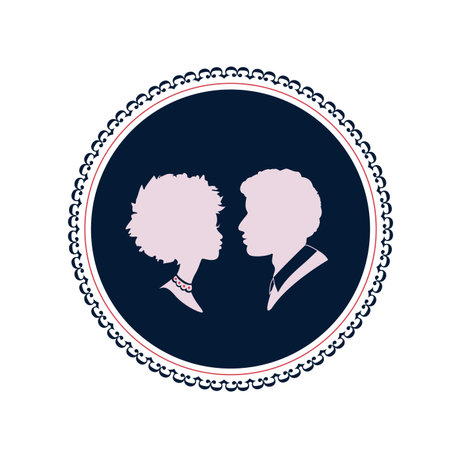 Beautiful silhouette of a young couple's profile. Vector cameo logo or icon in an ornate frame.のイラスト素材